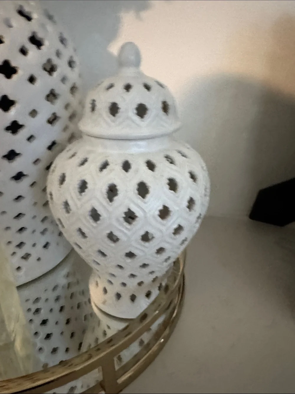 White Decorative Lattice Ceramic Jar with Lid - Home Accent